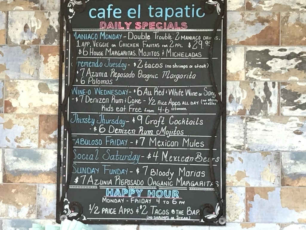 Daily Specials Menu at Cafe El Tapatio Restaurant
