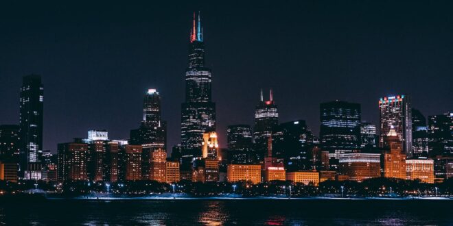Downtown Chicago skyline at night