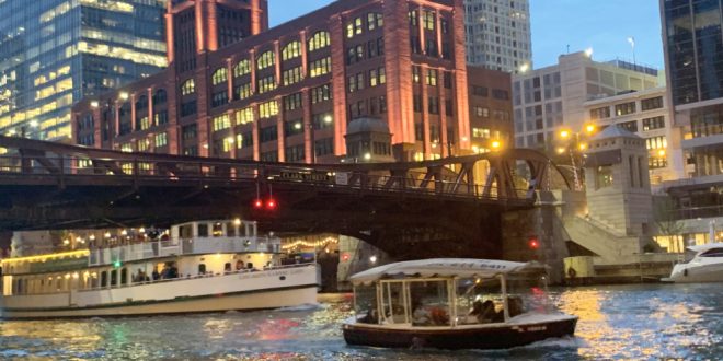 Clark Street Bridge from The Chicago Riverwalk at Night
